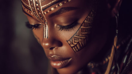 A stunning close-up of a woman showcasing intricate face paint that embodies cultural heritage and beauty, against a soft-textured background, evoking emotion.の素材