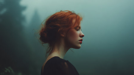 A portrait showcasing a woman with red hair in profile, set against a foggy backdrop. The serene atmosphere captures a moment of deep reflection amidst nature.の素材