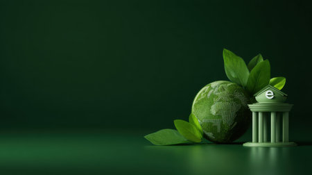 A green globe surrounded by lush leaves and a bank symbol, representing the harmony between finance and sustainability, ideal for projects promoting eco-friendly initiatives.の素材