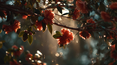 A captivating scene of camellia flowers illuminated by warm sunlight, showcasing raindrops on petals, creating a serene and tranquil atmosphere for nature lovers.の素材