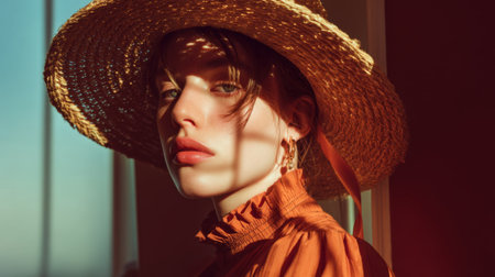 A captivating portrait of a young woman wearing a wide-brimmed straw hat, illuminated by warm sunlight casting soft shadows, showcasing beauty and elegance in a serene indoor setting.の素材