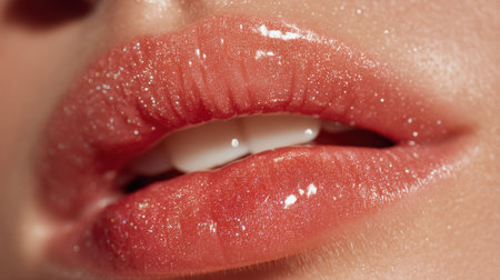 A stunning close-up of glossy lips showcasing sparkling elements and a radiant shine, perfect for beauty and cosmetic themes, emphasizing texture and allure.の素材