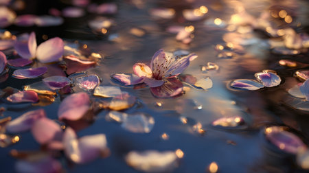 Beautiful cherry blossom petals float serenely on calm water, illuminated by soft light. This tranquil image captures the essence of spring and nature's beauty.の素材