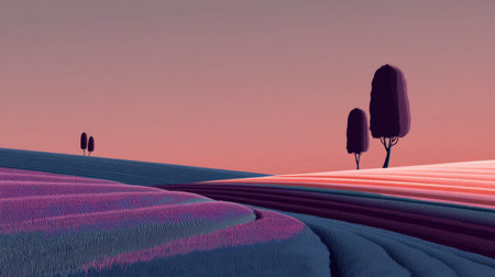 Captivating landscape featuring stylized trees against a colorful backdrop of purple, pink, and blue fields at dusk. Perfect for serene and tranquil imagery.の素材