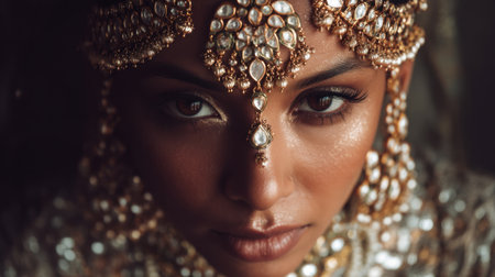 Stunning close-up portrait of a woman adorned with elaborate jewelry and traditional makeup, showcasing beauty and cultural expression with captivating depth and elegance.の素材