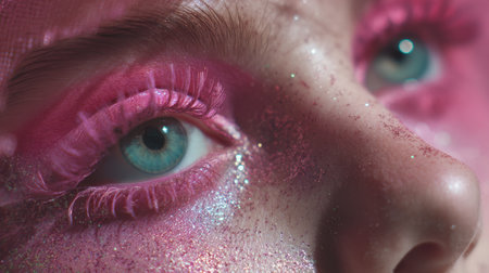 A captivating close-up shot of an eye adorned with bold pink makeup and shimmering glitter, showcasing artistic beauty and unique expression in cosmetics.の素材