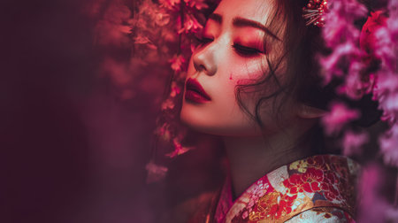 A captivating portrait of a woman in traditional attire immersed in pink blossoms. The dramatic lighting enhances her serene expression, radiating beauty and elegance.の素材