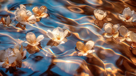 Graceful white flower petals float on a shimmering water surface, creating a peaceful and serene atmosphere. The soft reflections enhance the beauty of nature.の素材