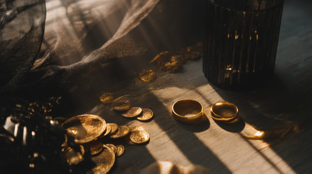 A serene arrangement of golden wedding rings and vintage coins bathed in soft sunlight, evoking feelings of romance and nostalgia on a textured surface with intriguing shadows.の素材