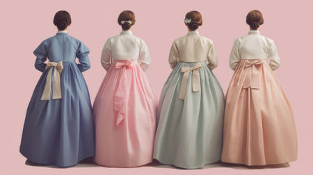 Four women showcase stunning traditional Korean hanbok outfits in a palette of soft pastel shades against a gentle pink background, embodying graceful cultural expression and elegance.の素材