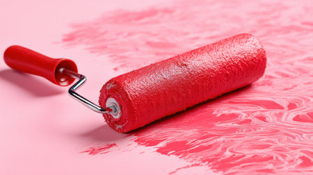 A vibrant image of a paint roller coated in bright red paint sits on a soft pink surface. The dynamic texture invites creative expression and DIY inspiration for home projects.の素材
