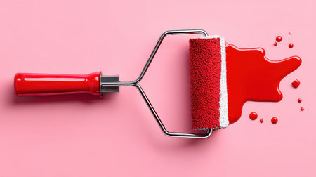 A paint roller covered in bright red paint rests on a pink background, featuring a playful splash of paint. Perfect for DIY, renovation, and artistic projects.の素材