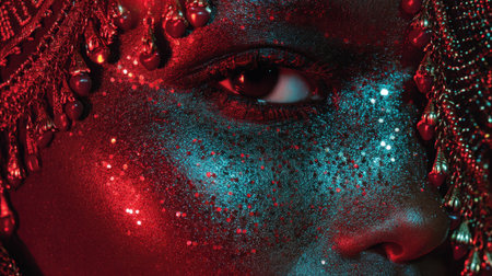 This captivating close-up features a woman adorned with metallic makeup and colorful glitter, illuminated by dramatic red and blue lighting, showcasing artistry and beauty.の素材