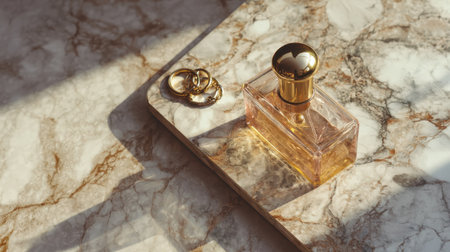 A sophisticated perfume bottle sits elegantly on a marble tray, accompanied by shining golden rings, illuminated by soft natural light for a luxurious atmosphere.の素材