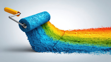 A paint roller disperses vibrant colored powder in a dynamic rainbow spectrum against a clean surface. Perfect for artistic inspiration, renovation projects, and creative expressions.の素材