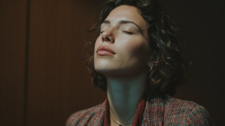 A serene portrait of a woman with closed eyes, embodying peace and tranquility in a cozy indoor setting. The warm lighting enhances her calm expression.の素材
