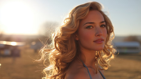 A beautiful young woman with flowing blonde curls stands outdoors, illuminated by a soft sunset. Her serene expression radiates warmth and natural beauty, creating a tranquil scene.の素材