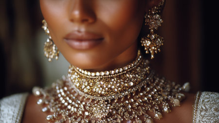 A stunning close-up of a woman's face adorned with exquisite gold jewelry, showcasing pearls and intricate designs that enhance her elegance and grace. Perfect for fashion and beauty themes.の素材