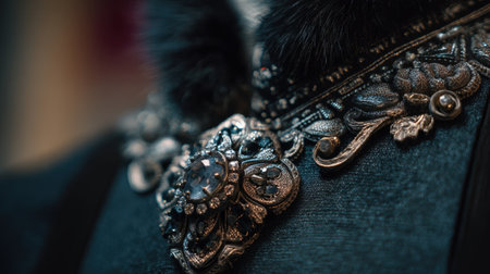 This stunning close-up captures a gorgeous vintage brooch featuring intricate designs and sparkling gemstones, showcasing elegance and craftsmanship against luxurious fabric.の素材