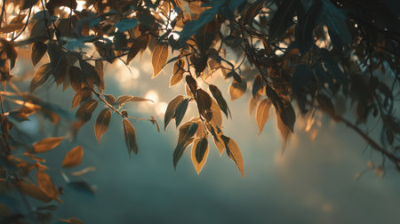A mesmerizing close-up of sunlit leaves hanging from branches, capturing the beauty of nature in a serene forest setting under warm light and soft shadows.の素材