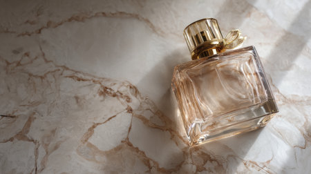 A stunning perfume bottle rests on a marble surface, illuminated by soft light. This elegant composition highlights the beauty and allure of luxury fragrances.の素材