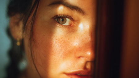 A striking close-up portrait capturing the essence of a young woman with freckled skin and captivating green eyes, beautifully lit by soft natural light.の素材