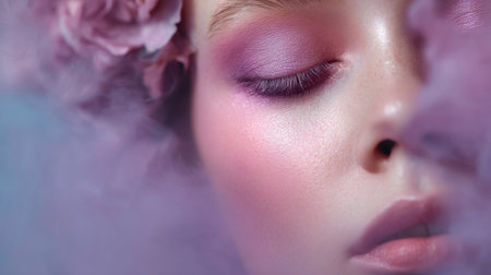 A serene close-up portrait showcasing beauty with soft pink makeup, dreamy pastel colors, and ethereal smoke effects, creating a peaceful and artistic ambiance.の素材