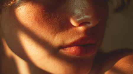 An intimate close-up capturing the soft textures and natural beauty of a young woman's face, accentuated by dramatic light and shadow, evoking deep emotion.の素材
