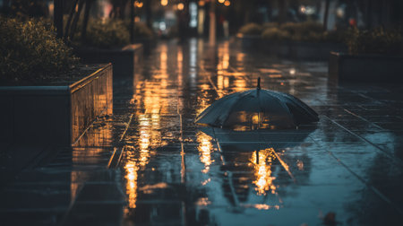 A captivating urban night scene showcasing an umbrella lying on the wet pavement, reflecting street lights, creating a serene and moody ambiance amidst a rainy city backdrop.の素材
