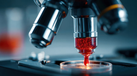 This image captures a close-up of a microscope lens examining a slide with a vivid red liquid, representing cutting-edge scientific research in a modern lab setting.の素材