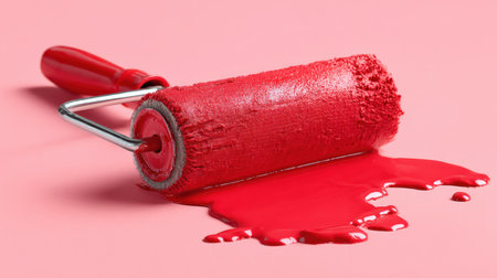 A red paint roller rests on a soft pink surface, with paint spilling around it, creating a vibrant and striking visual perfect for artistic or renovation themes.の素材