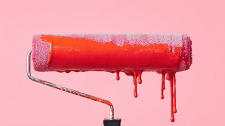 A close-up image of a paint roller covered in vibrant red paint, dripping slightly, set against a soft pink background, perfect for home improvement or artistic projects.の素材