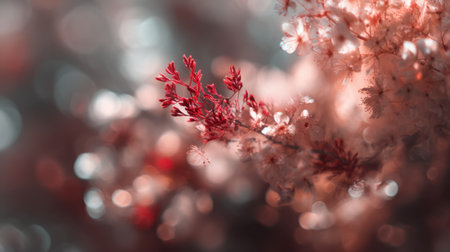 A mesmerizing close-up image featuring a red sprig of plant against a soft focus floral background. The dreamy ambiance creates a serene atmosphere perfect for nature lovers.の素材