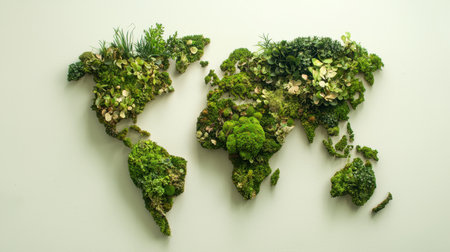 This artistic representation of a world map features lush greenery crafted from various natural elements, serving as a stunning symbol of environmental awareness and sustainability.の素材