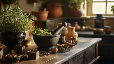 A warm and inviting rustic kitchen scene showcasing a mortar filled with fresh herbs and spices, surrounded by earthy elements and natural light.の素材