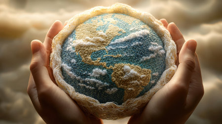 A beautifully crafted model of the Earth held in hands, showcasing intricate textures of clouds and seas, symbolizing unity, nature, and artistry in a dreamy setting.の素材