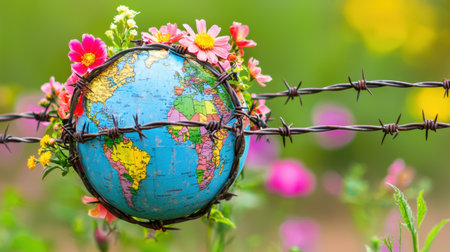 A globe encircled by barbed wire and adorned with flowers illustrates the complex relationship between nature and humanity, highlighting environmental challenges and beauty.の素材