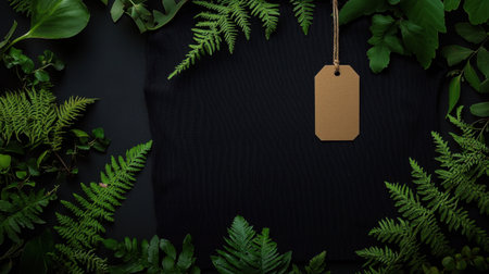 A beautiful composition featuring lush green ferns and leaves surrounding a blank brown tag on a dark surface, ideal for mockup or branding projects with nature themes.の素材