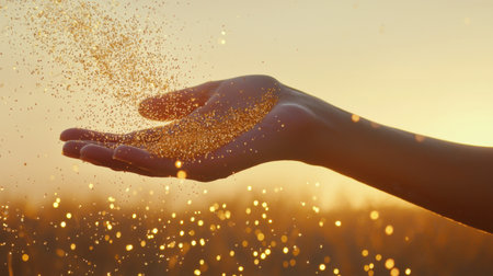 A hand gracefully releases golden particles into the air at sunset, capturing a moment of magic with soft bokeh effects, embodying serenity and beauty.の素材