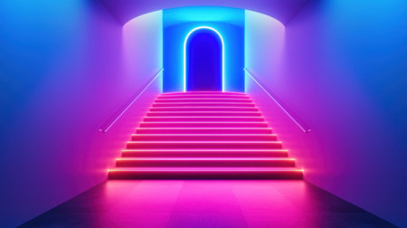 A stunning neon staircase leads to an illuminated archway, creating a vibrant and mystical atmosphere in a modern interior. The colorful lights enhance the visual appeal.の素材