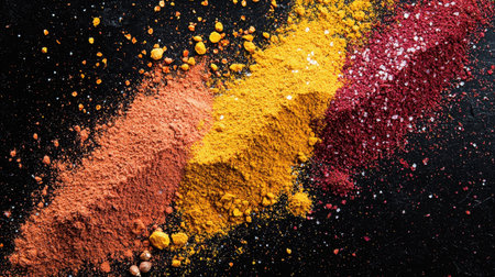 A stunning display of colorful natural powders on a dark surface, showcasing spices like turmeric and paprika, ideal for culinary illustrations and creative projects.の素材
