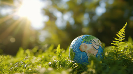 A striking globe rests among lush green ferns, illuminated by the warm sunlight, showcasing the beauty of nature and the importance of environmental preservation.の素材