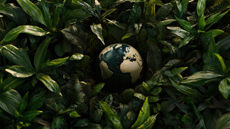 An artistic depiction of the Earth nestled among vibrant green foliage, symbolizing the connection between the planet and nature. Perfect for themes of environmental awareness.の素材