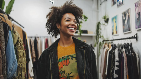 A joyful woman with curly hair smiles brightly in a trendy boutique, surrounded by colorful clothing and stylish decor, reflecting a vibrant shopping experience.の素材