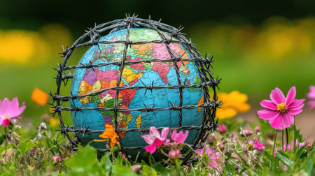 A globe encircled by barbed wire rests amidst vibrant flowers on green grass, illustrating the tension between nature and global challenges while highlighting beauty.の素材