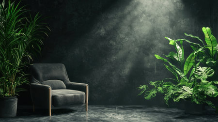 An inviting modern chair sits in an indoor setting, surrounded by vibrant greenery and enhanced by dramatic lighting, creating a peaceful and stylish atmosphere for relaxation.の素材