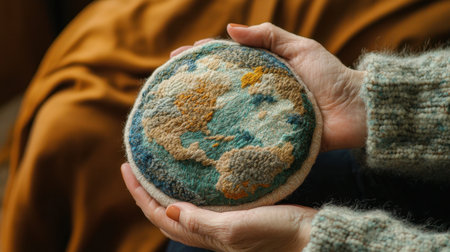 This captivating wool planet art piece showcases textured earth tones, held gently in cozy hands, perfect for enhancing home decor and as eco-friendly gifts.の素材