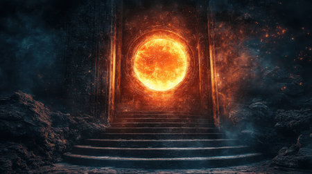 A stunning portal reveals a blazing sun at its center, framed by dark stone steps and surrounded by swirling cosmic clouds, creating a captivating fantasy atmosphere.の素材