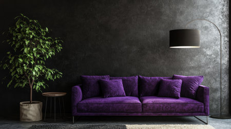 This image features a modern purple sofa complemented by an indoor plant and a contemporary floor lamp, creating an inviting and stylish atmosphere for any living space.の素材