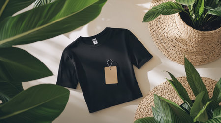 A stylish black t-shirt lies flat on a light surface, surrounded by lush green plants in woven baskets. The scene captures a modern and minimalistic vibe, perfect for fashion displays.の素材